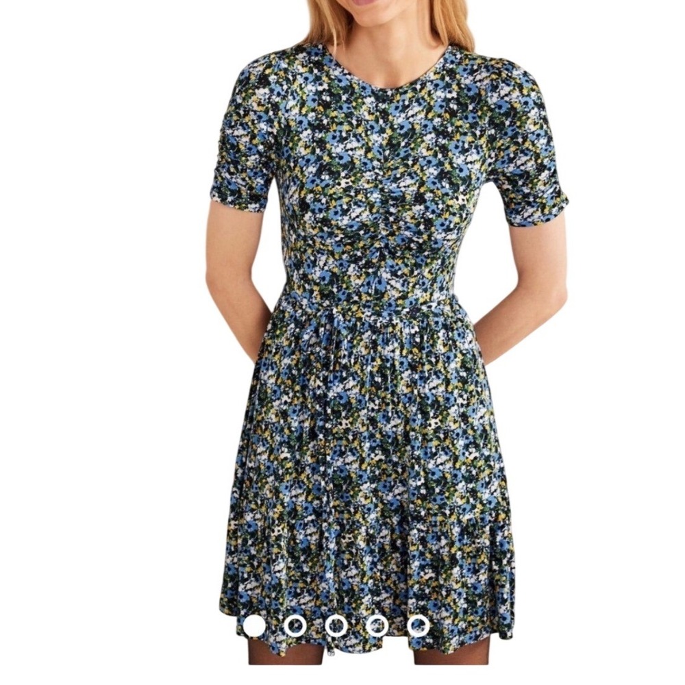Boden Floral‎ Jersey Dress US 8 Blue Yellow Ruched Short Sleeve Tie Waist